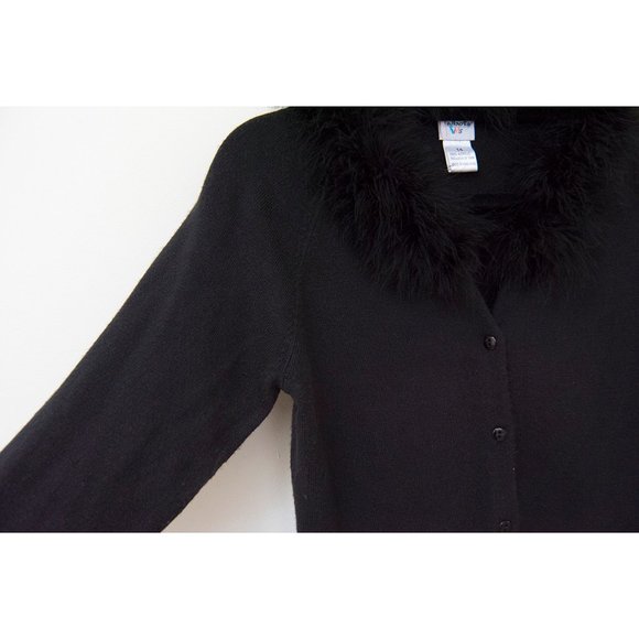 Vintage Talbots Black Acrylic Cardigan Sweater Faux-Fur Collar sz 14 - Picture 3 of 10